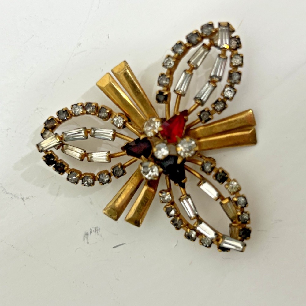 Vintage Phyllis 1940 Era Brooch Floral Red Clear Baguette Rhinestone Gold Filled